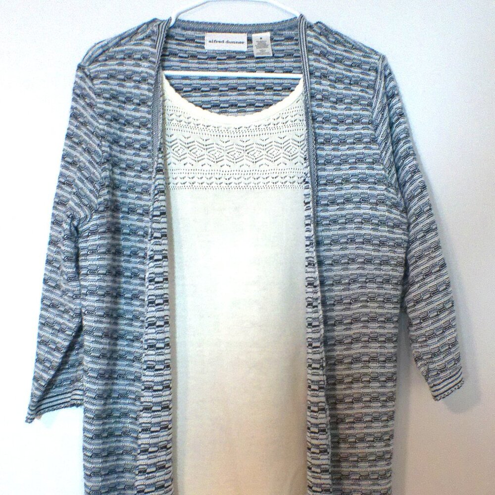 Alfred Dunner Women’s Medium Blue Cardigan Layered Lace Front Top 2-in-1 #1468